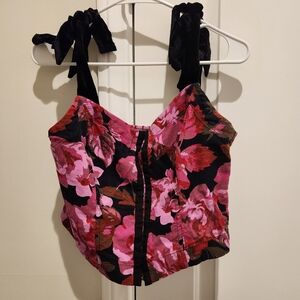 Free People Vibrant Pink and Black Floral Crop Top
